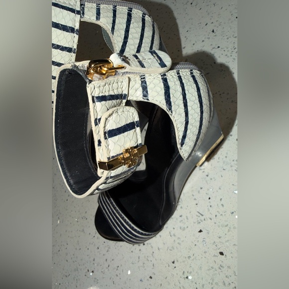 Tory Burch Black and White Striped Ankle Strap Heels - Picture 11 of 11